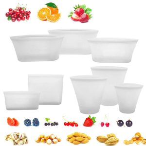 Plain, reusable, silicone bags for food that can be frozen and microwaved.