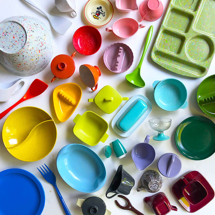 An array of colorful antique kitchen decor.