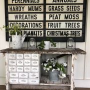 A vintage bench with an industrial signboard above, detailing what a day in the life of a vintage collector contains.