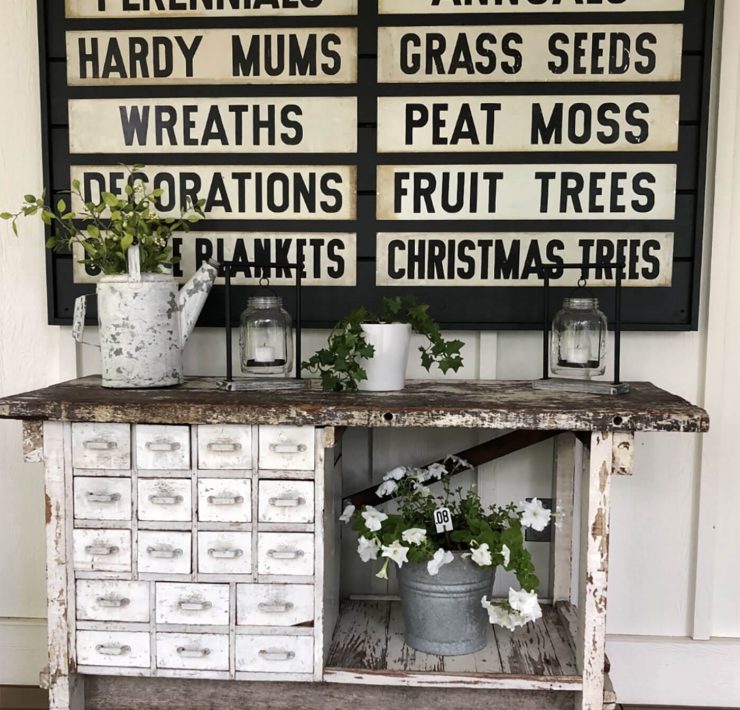A vintage bench with an industrial signboard above, detailing what a day in the life of a vintage collector contains.