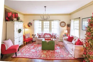 vintage green chest serves as coffee table in this home featured in Santa Stoppers 2021