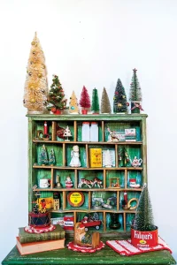 collection of flea market finds for Christmas vignette featured in Santa Stoppers 2021