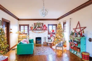 living room decorated for holidays with inspiration from Christmas at Gran's