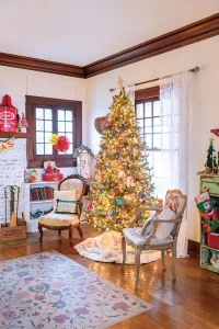 vintage furniture and collectibles give the living room the nostalgic feeling of Christmas at Gran's