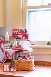 vintage holiday vignette with vintage kitchenalia and white bottlebrush trees