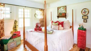 bedroom with four poster bed and vintage accents for holidays