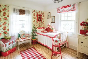 vintage quilt and floral wallpaper with trees for holiday accents