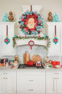 kitchen with turquoise and red ribbon with Santa head in the middle
