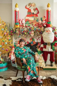 Shanna in her whimsical holiday wonderland home with vintage holiday finds