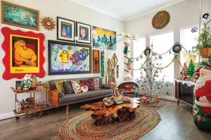 whimsical holiday wonderland with bright throw pillows and vintage figurines