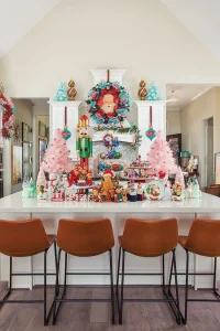 kitchen with whimsical pink trees and vintage holiday figurines