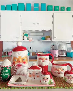 vintage Santa mugs and containers for hot cocoa bar