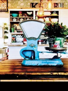 vintage blue kitchen scale houses potted Christmas plant
