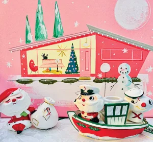 mid century house backdrop with Santa salt and pepper shakers