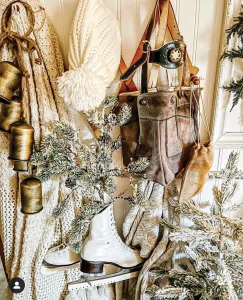 leather bag ice skates French bells and flocked trees create subtle vignette in third annual Santa Stopper gallery