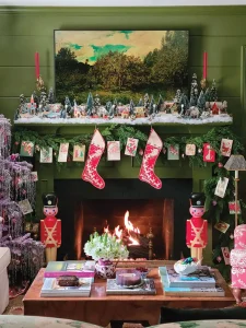 vintage Putz houses and bottlebrush trees create a holiday village