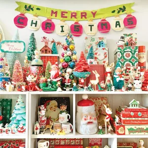 vintage holiday collectibles on shelf packed with red turquoise and green