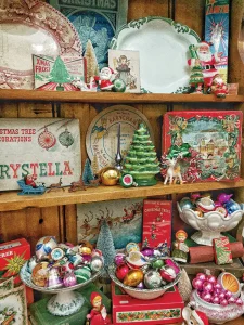 kitchen bowls and Shiny Brite ornaments in holiday vignette