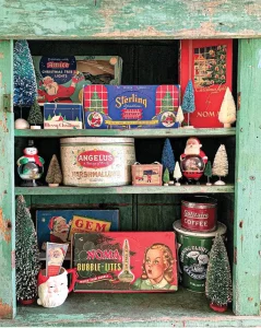 bottlebrush trees, vintage tins and ornament boxes
