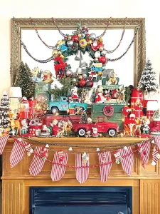 mantel decorated with vintage toy trucks thermoses and figurines