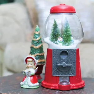 vintage gumball machine with bottlebrush trees and miniature snowman