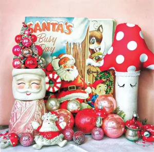 vintage Santa vignette with red and pink ornaments in third annual Santa Stopper gallery