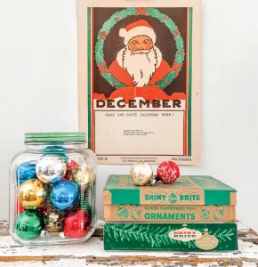 vintage calendar with Santa and Shiny Brite ornaments