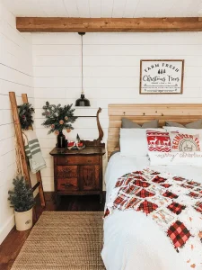 red and white quilt in bedroom featured in Santa Stoppers 2021