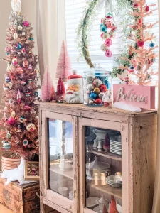 vintage pink Christmas decor with Shiny Brite ornaments and white mini tree