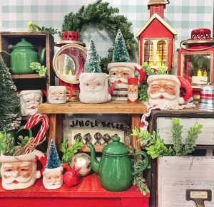 Santa mugs filled with bottlebrush trees