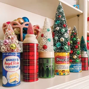 vintage tins filled with bottlebrush trees