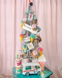 tinsel tree and paper ice cream ornaments