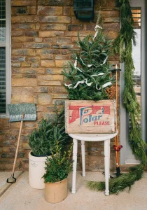 pine tree potted in vintage crate outside modern collected farmhouse in Georgia