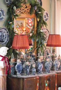 antique china vases decorate for Christmas with Santa mugs and bottlebrush trees