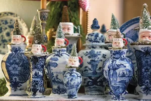 Delft Blue collection decked for the holidays with Santa mugs and bottlebrush trees