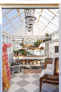 greenhouse with vintage Christmas tree farm sign