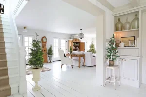 all white entryway with potted mini trees