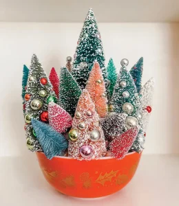 vintage Pyrex bowl filled with bottlebrush trees