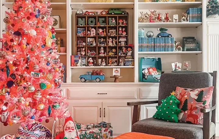 bright notes of nostalgia with pink faux tree, colorful wrapping paper and toy cars