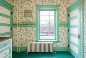 renovated 1915 bungalow with bright vintage style floral wallpaper and mint green accents