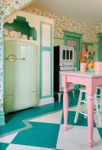 kitchen in refreshed 1915 bungalow with vintage pink and green color scheme