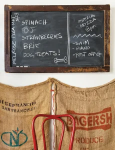 burlap bags repurposed as wall decor