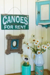 white and blue decor in cottage by the bay