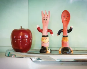 vintage kitchenalia running fork and spoon and apple timer